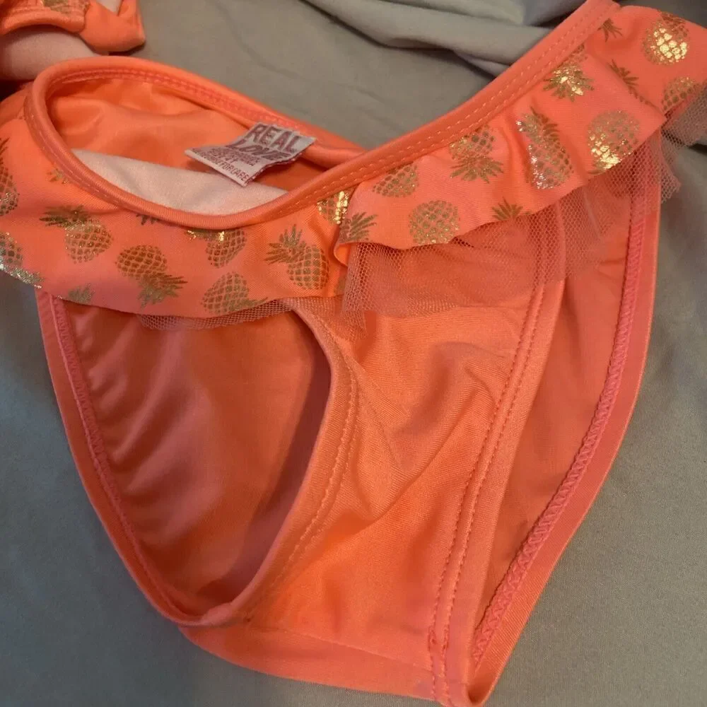 Real Love Coral 2-Piece‎ Girls Size 4T Swimsuit W/Metallic Gold Pineapple Design
